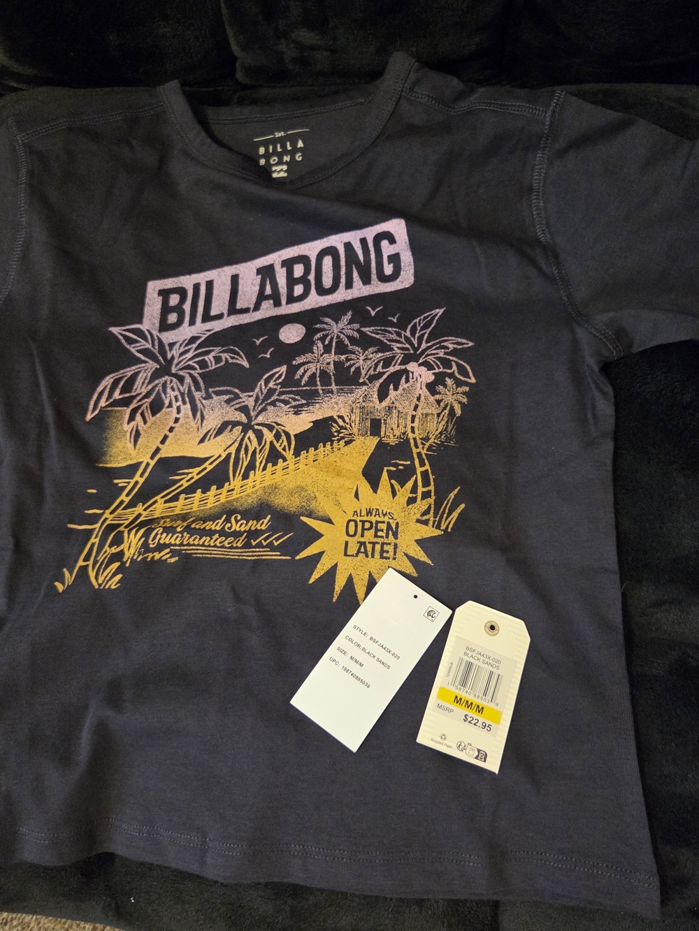 Billabong Kids Black Tee with Pink and Yellow Beach Graphic